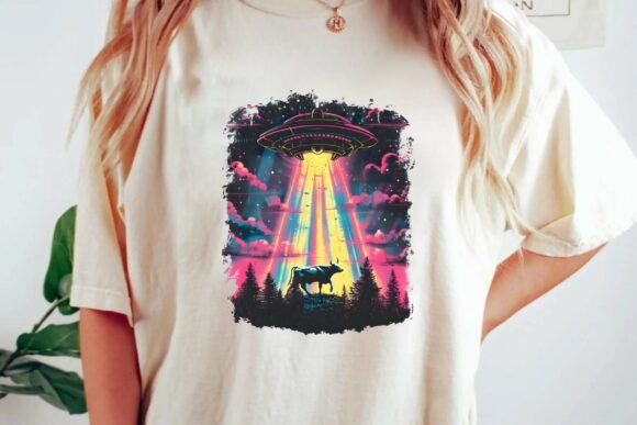 Channeling 80s Nostalgia: The Vintage UFO Cow Abduction Retro Synthwave Graphic