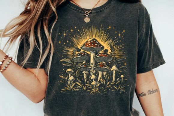 Enchanting Vintage Celestial Mushroom Forest PNG