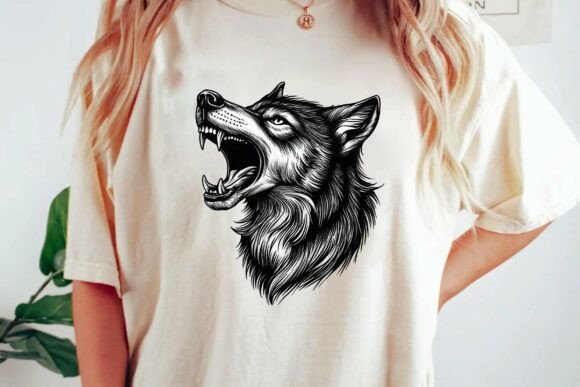 Fierce Snarling Wolf Head Illustration Black and White Wildlife Graphic for Apparel Png