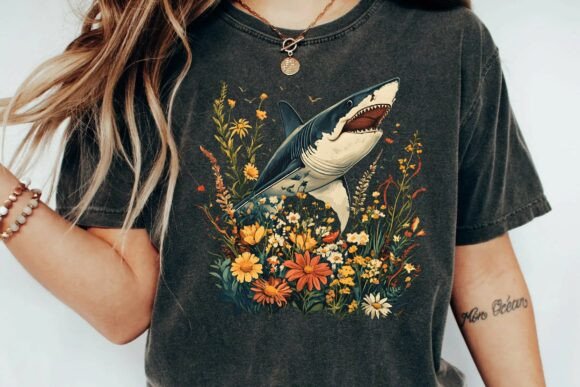 Great White Shark Floral Meadow Vintage Aesthetic Design