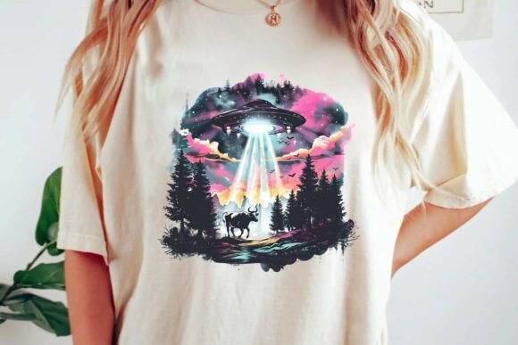 Retro Alien UFO Cow Abduction Forest Watercolor Sublimation Graphic