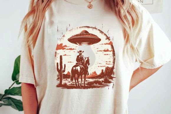 Retro Cowboy UFO Alien Abduction Desert Scene Graphic