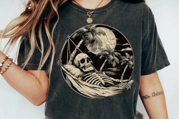 Skeleton Relaxing in Hammock Under Palm Trees Moonlit Beach Vintage Graphic Png