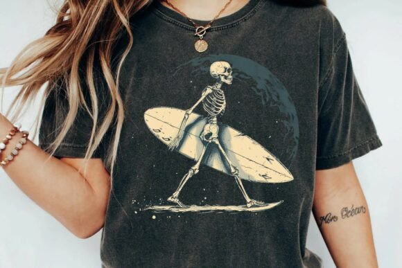 Vintage Skeleton Surfer: Retro Beach Wave Graphic for Designers