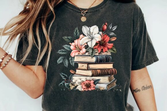 Vintage Stack of Books with Floral Lilies Graphic for Librarian Bookworm Png